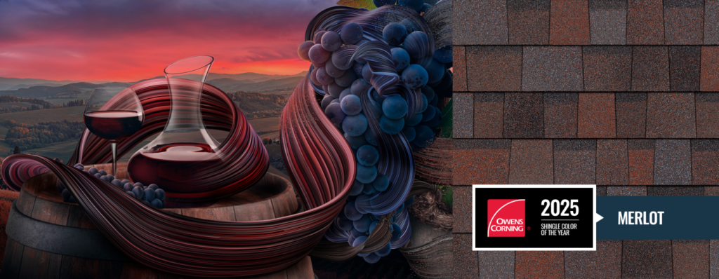 Elegant still life showcasing Merlot wine, vineyards, and textured shingles in vibrant sunset hues.